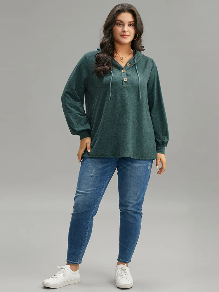 Plain Drawstring Button Up Hooded Elastic Cuffs Sweatshirt - Image 4