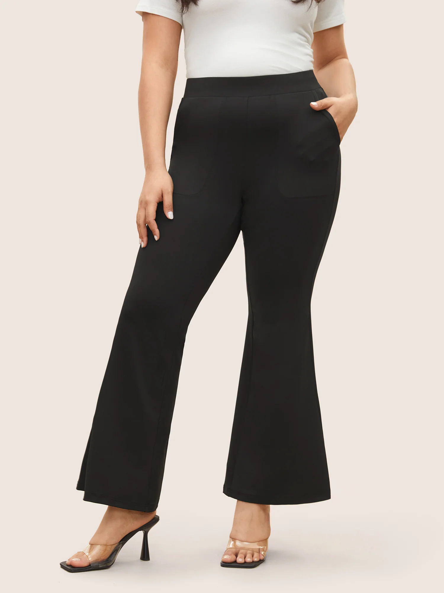 Plain Elastic Waist High Rise Flare Leg Pants