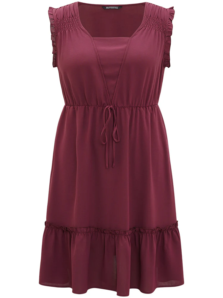 Plain Frill Trim Gathered Ties Square Neck Tank Dress - Image 10