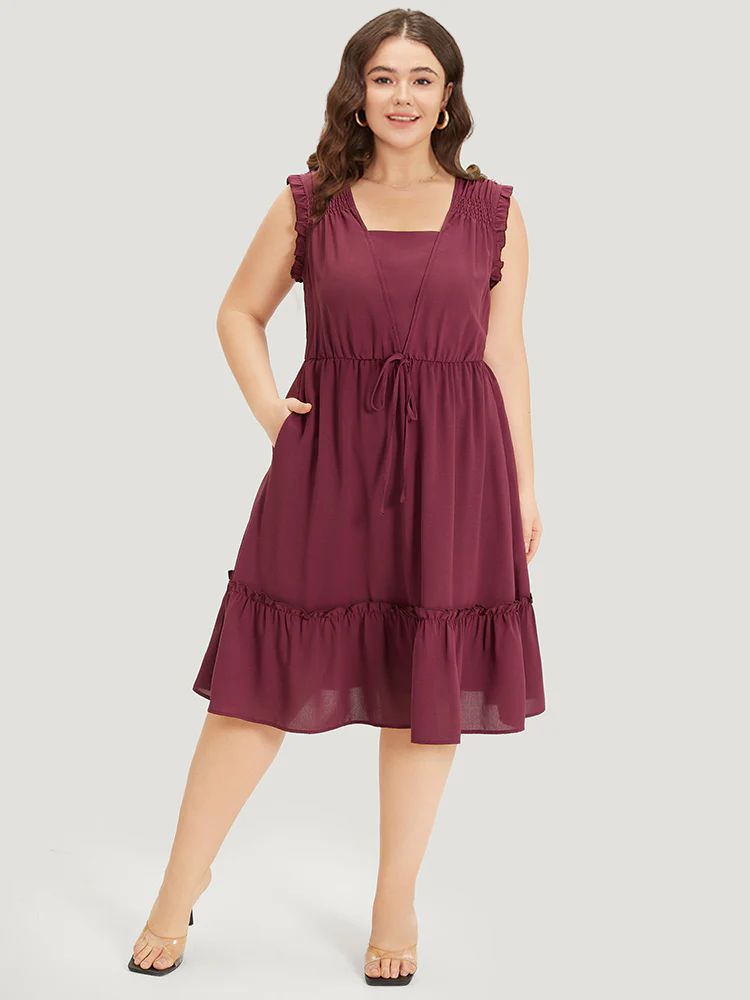 Plain Frill Trim Gathered Ties Square Neck Tank Dress - Image 3