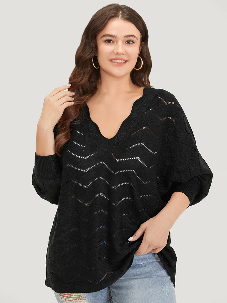 Plain Geometric Eyelet Elastic Cuffs Patchwork Pullover