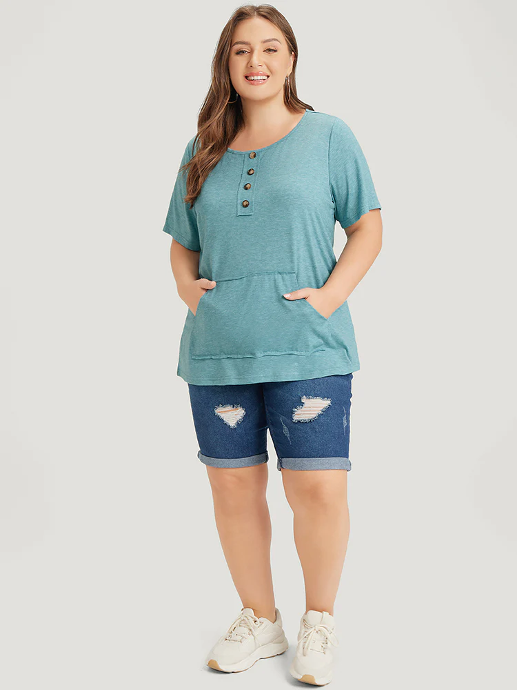 Plain Heather Button Detail Patch Pocket T-shirt - Image 6