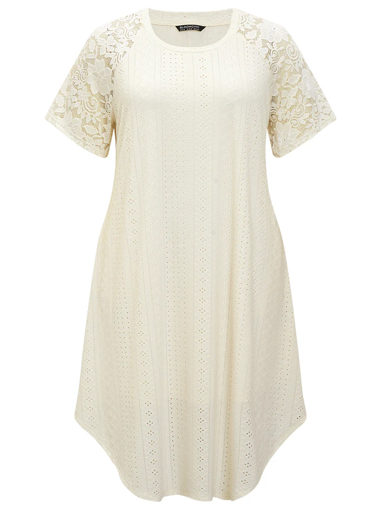 Plain Lace Sleeve Pocket Arc Hem Broderie Anglaise Dress - Image 10