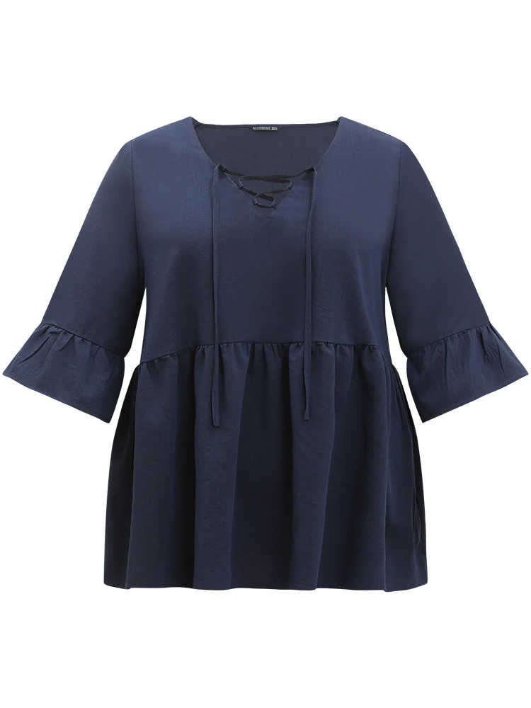 Plain Lace Up Flutter Gathered Bell Sleeve Blouse - Image 8