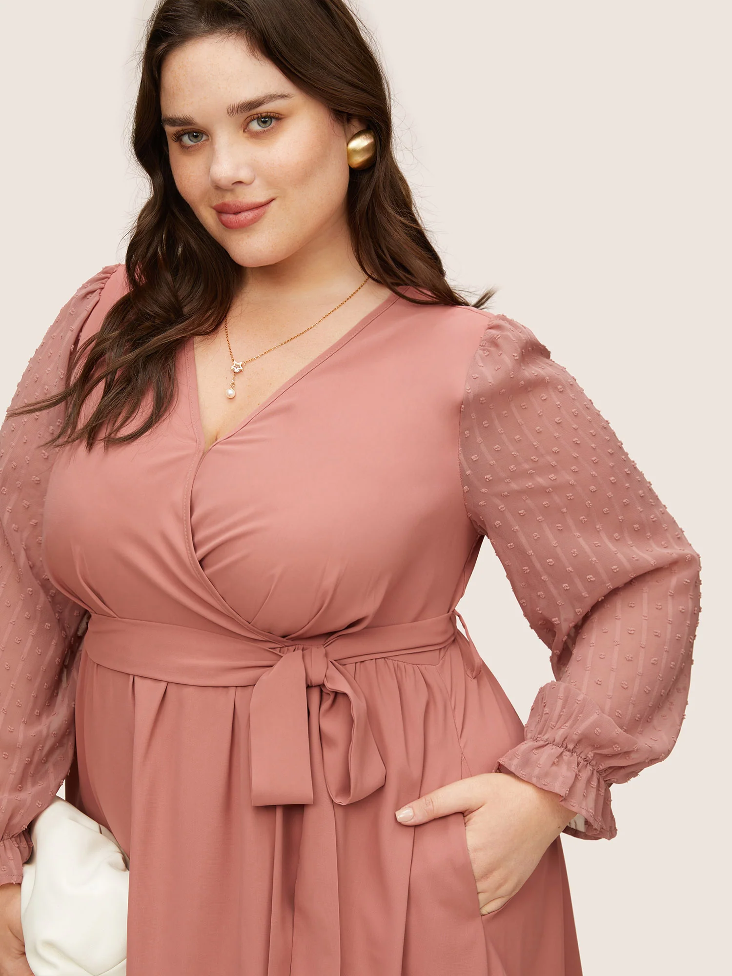 Plain Mesh Textured Patchwork Belted Dress - Image 4