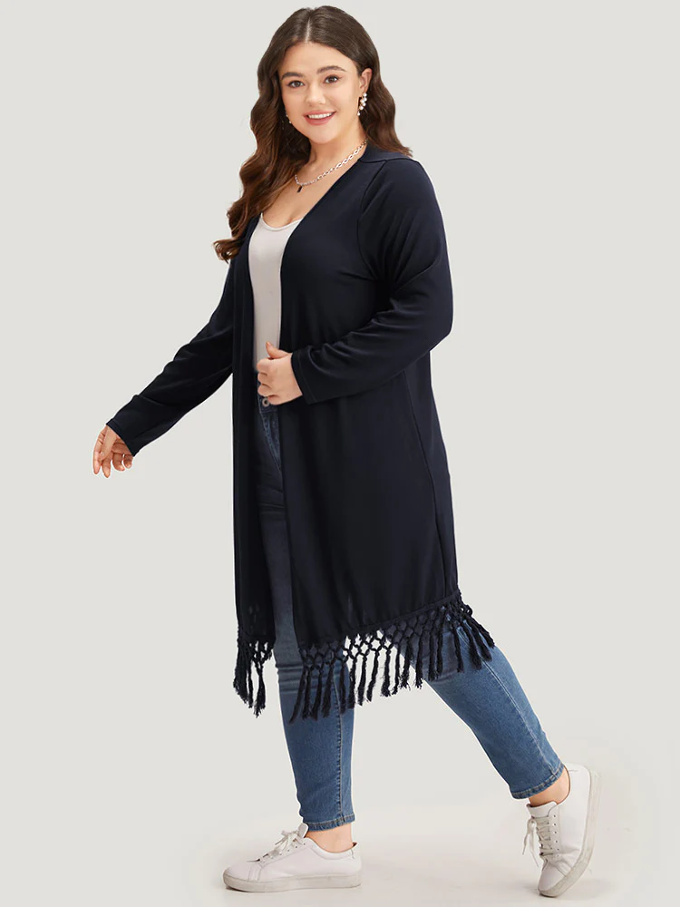Plain Patchwork Open Front Tassel Trim Kimono - Image 3