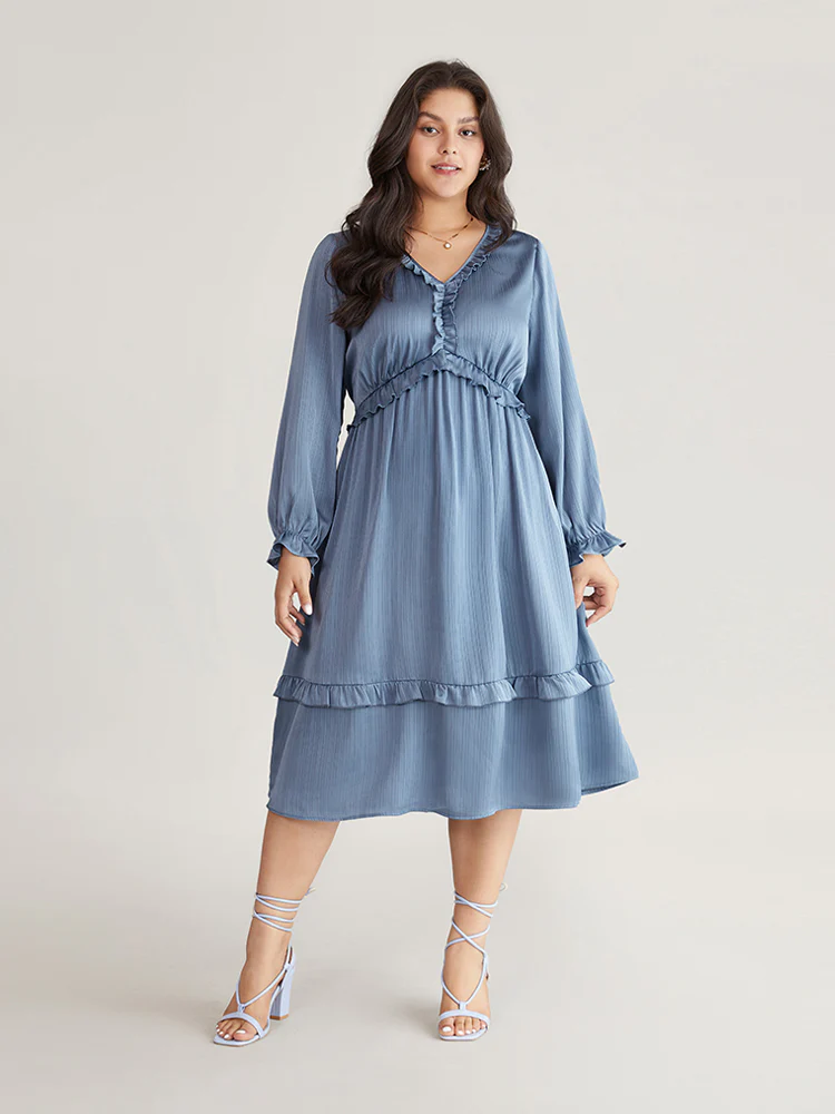Plain Pocket Elastic Waist Ruffles Frill Trim Dress