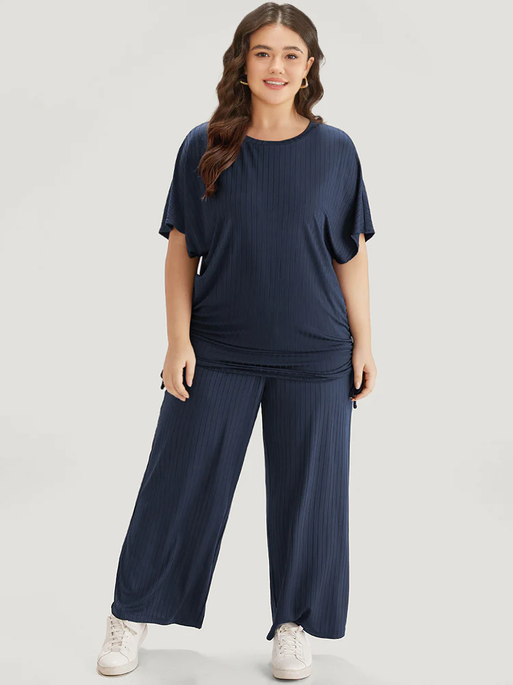 Plain Rib Knit Drawstring Batwing Sleeve T-shirt - Image 2
