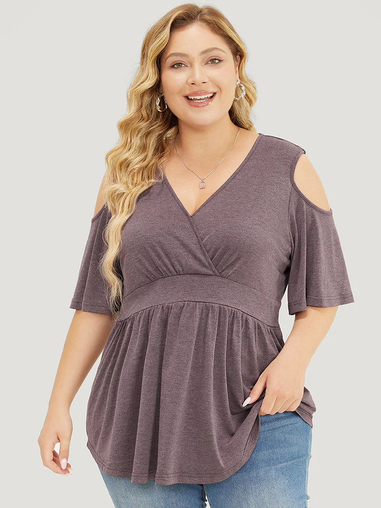 Plain Ruffles Cut Out Wrap Arc Hem T-shirt - Image 2