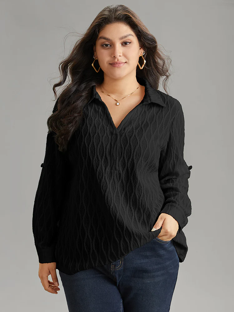 Plain Shirt Collar Tab Sleeve Jacquard Blouse