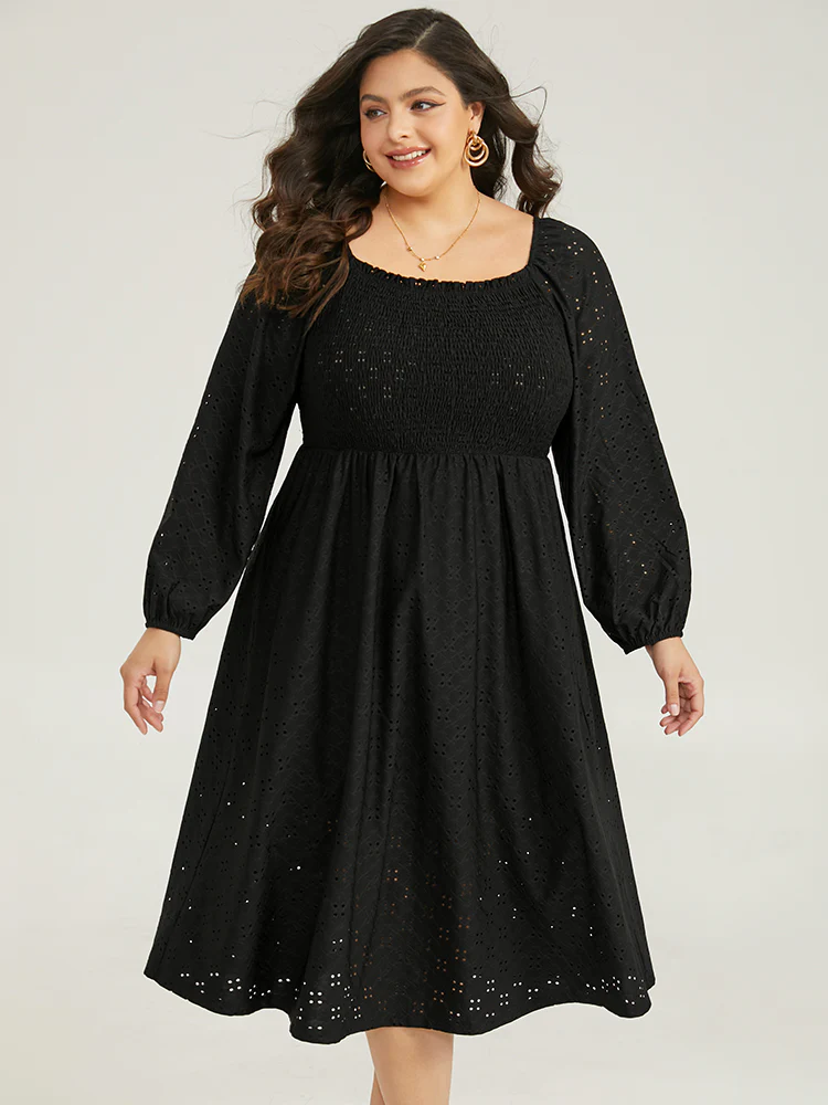 Plain Square Neck Laser Cut Lantern Sleeve Dress