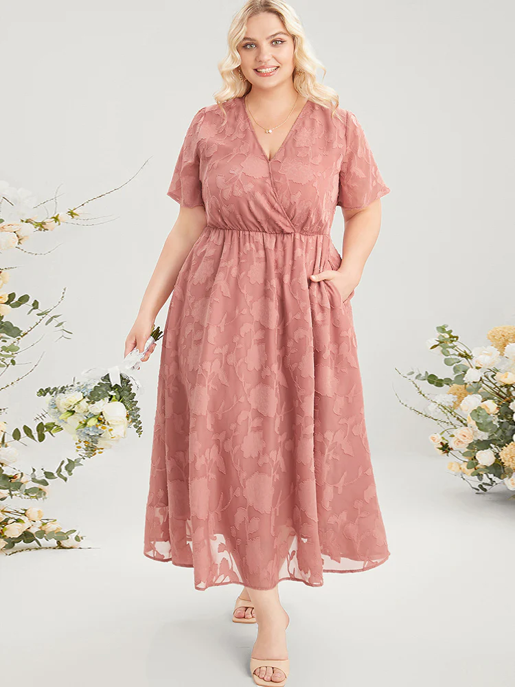 Plain Surplice Neck Split Mesh Pocket Ruffles Dress