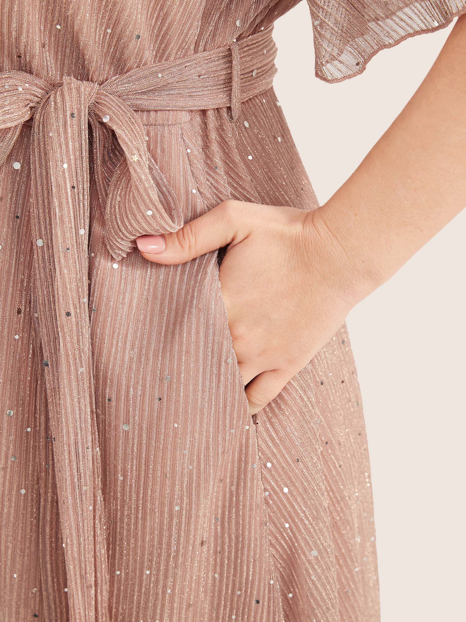 Plain V Neck Mesh Pocket Ruffle Tiered Belted Midi Dress - Image 19