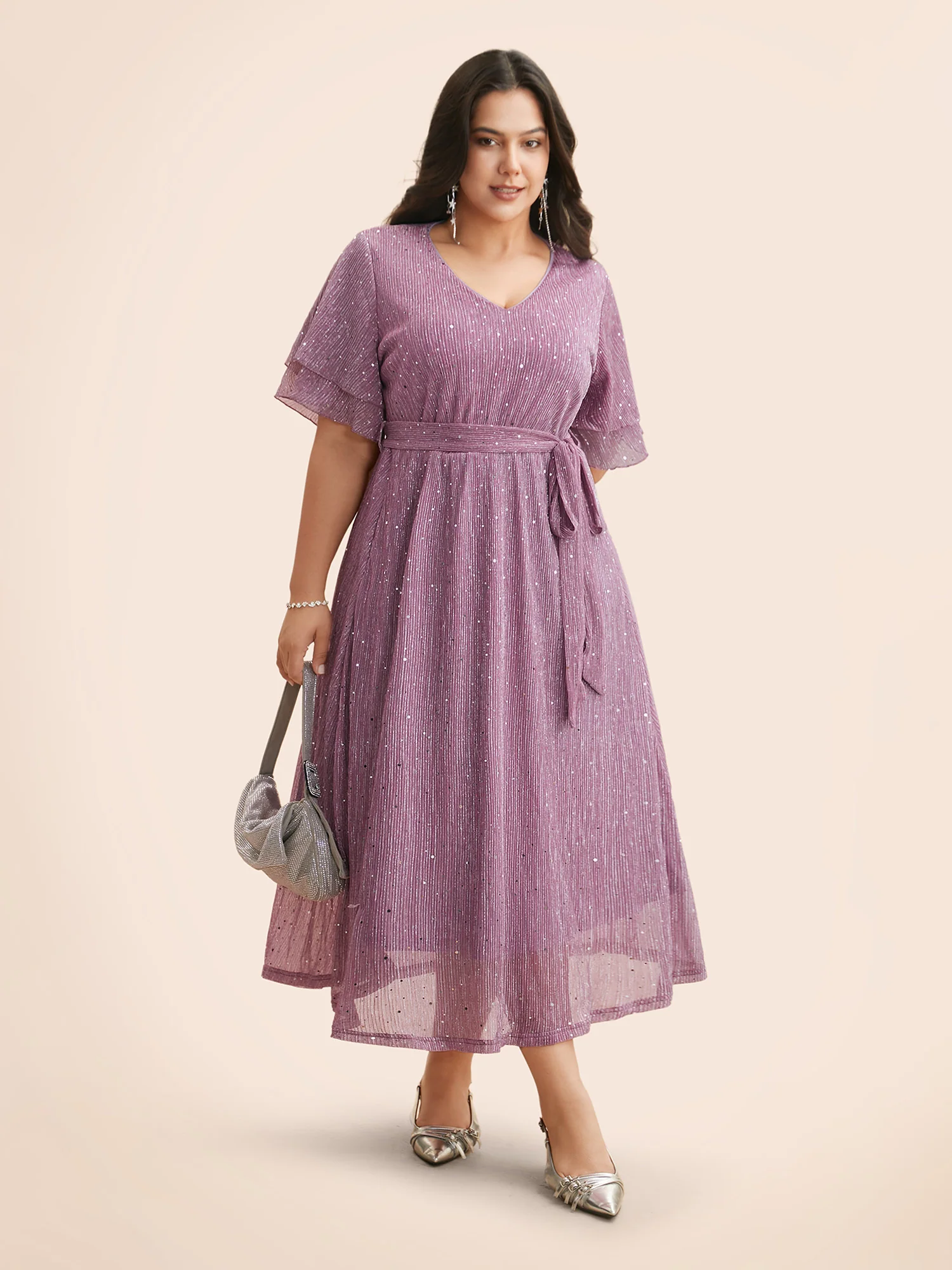 Plain V Neck Mesh Pocket Ruffle Tiered Belted Midi Dress - Image 3