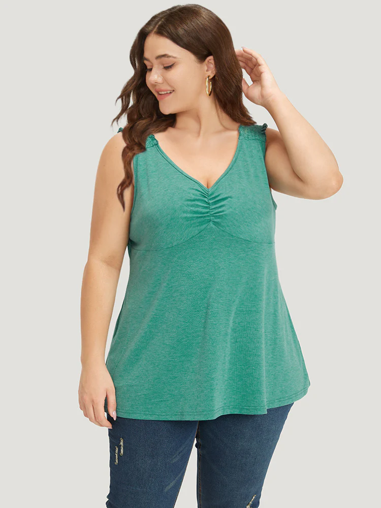 Plain V Neck Ruched Shirred Tank Top - Image 5