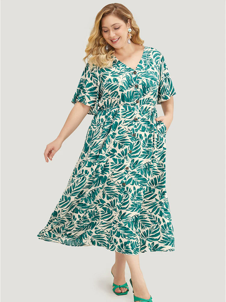 Plant Print Flutter Sleeve Button Detail Pocket Dress - Image 2
