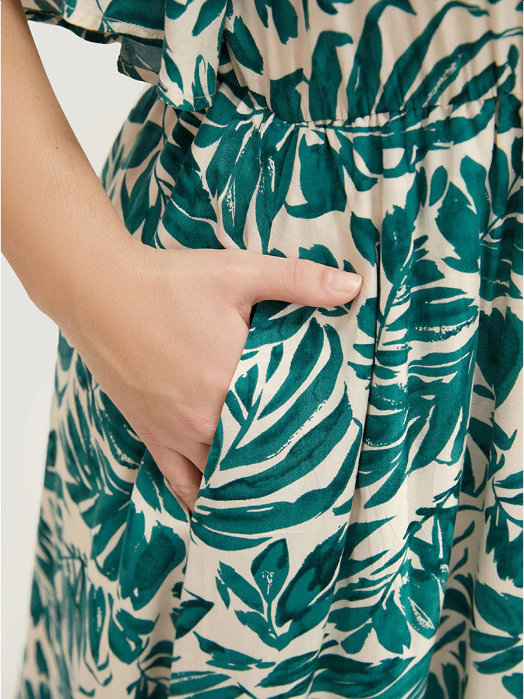 Plant Print Flutter Sleeve Button Detail Pocket Dress - Image 8