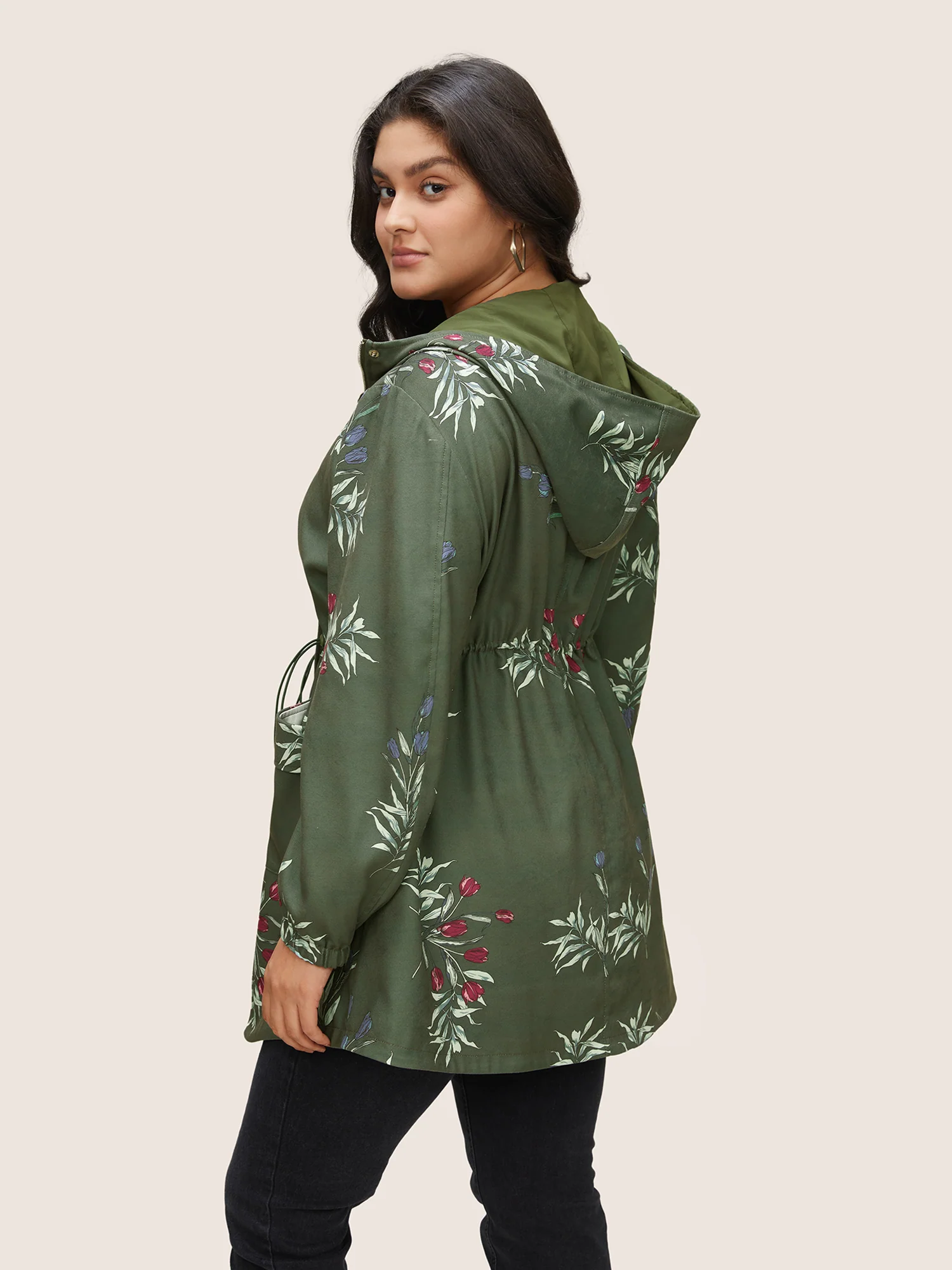 Plants Drawstring Pocket Zipper Hooded Coat - Image 4