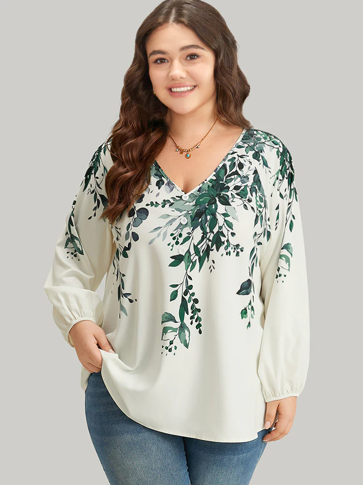 Plants Print Lantern Sleeve Button Detail Blouse - Image 2