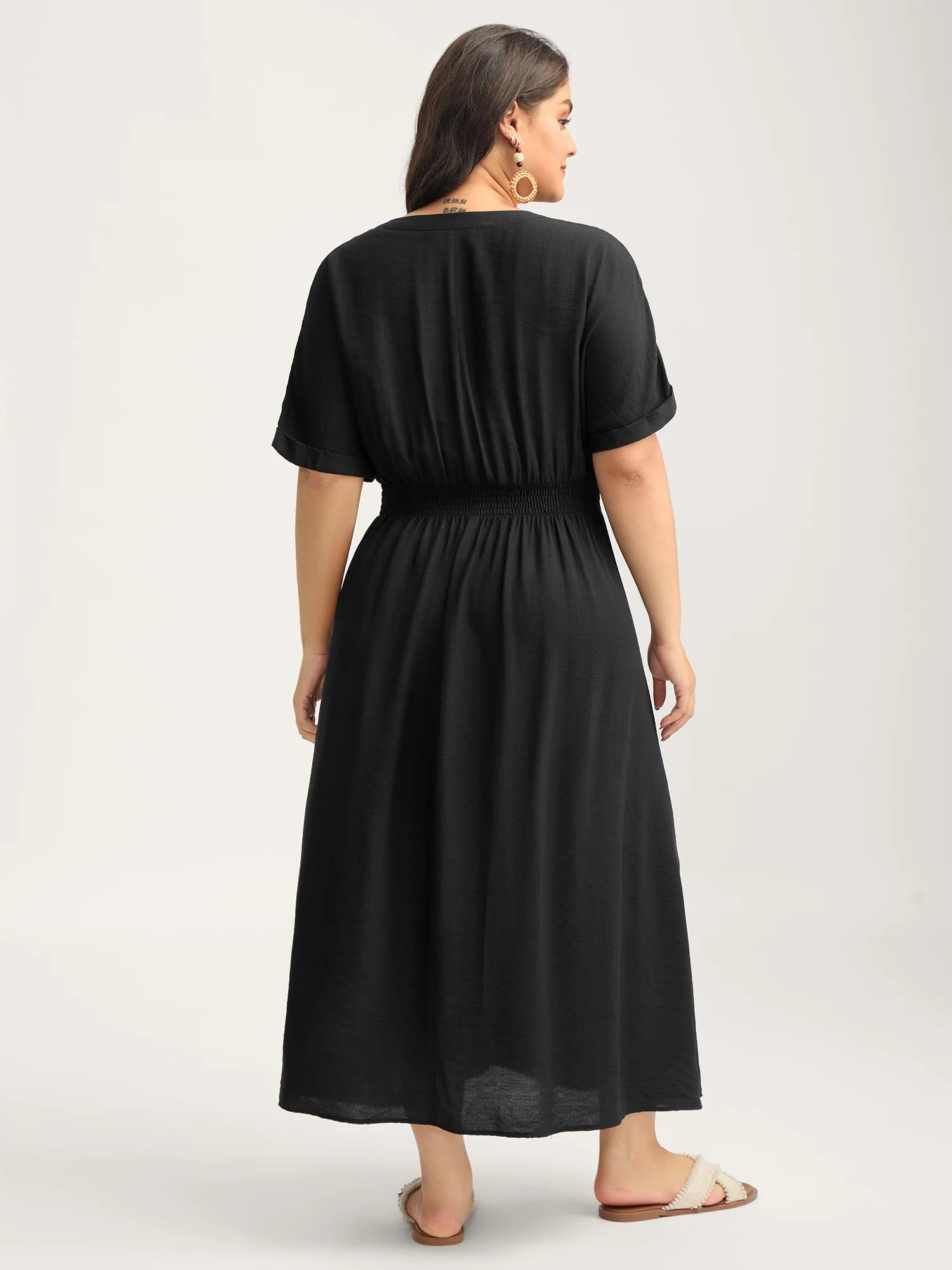 Pleated Cinched Waist Solid Midi Dress - Image 4