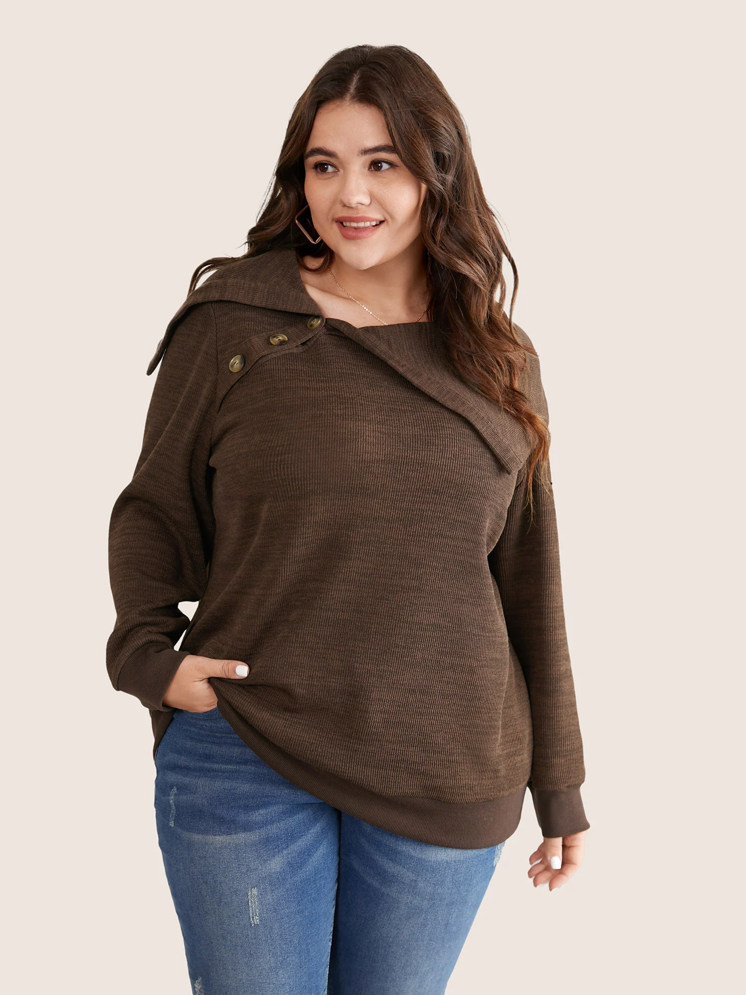 Plisse Lapel Collar Button Detail Sweatshirt