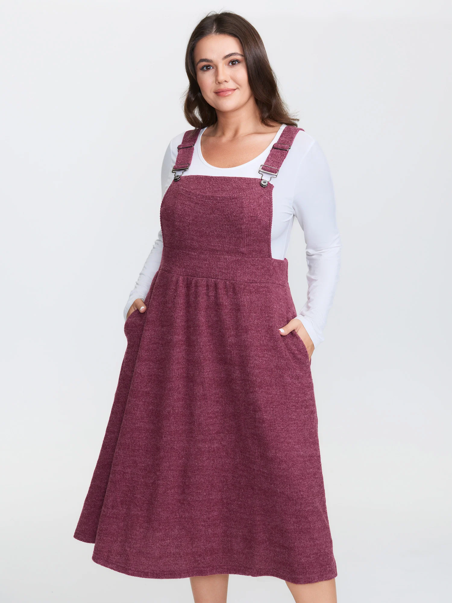 Plush Ribbed Stretchy Waistband Midi Overall Dress - Image 2