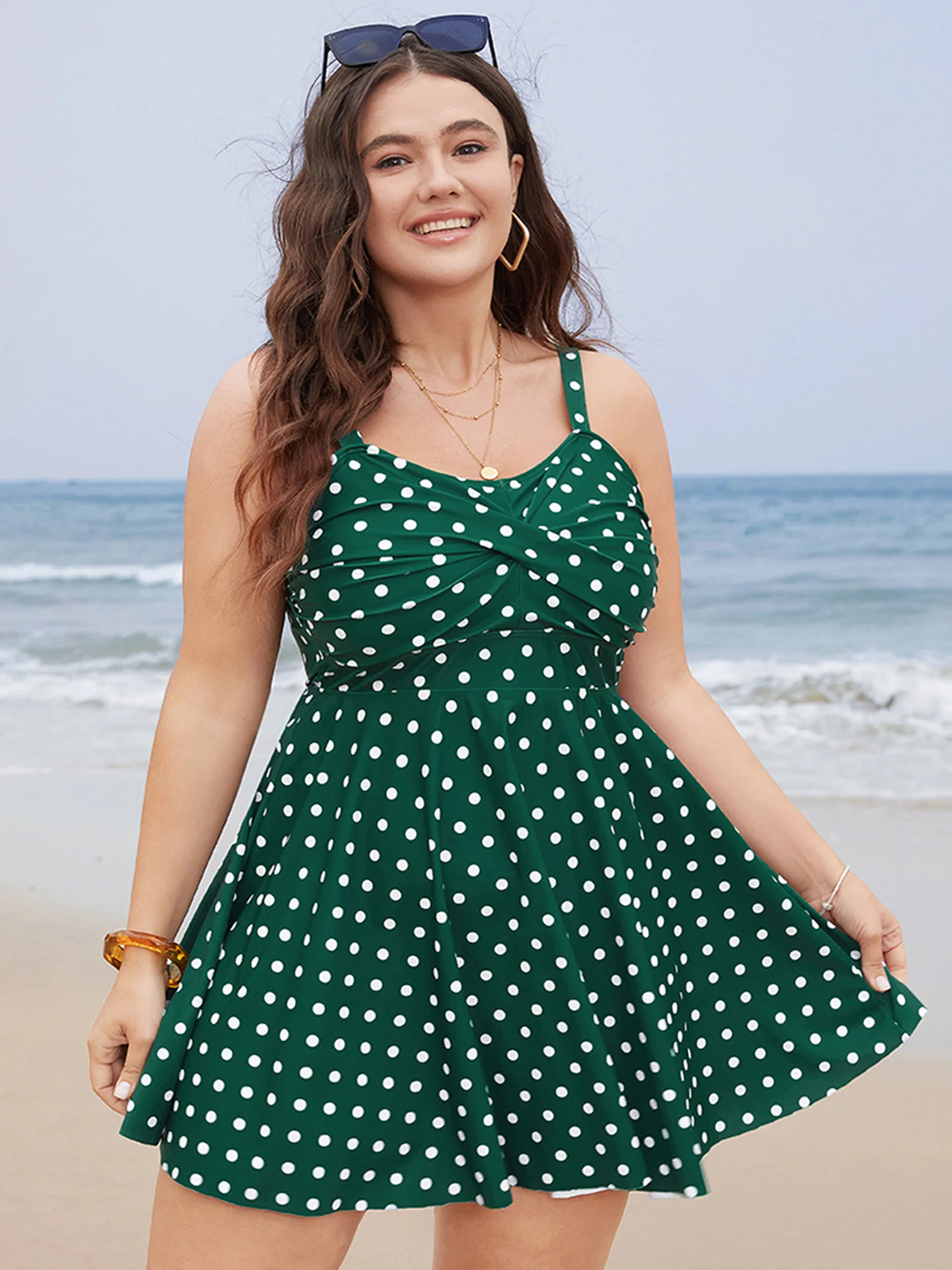 Polka Dot Crossover Ruched Flutter Hem Swim Dress - Image 9