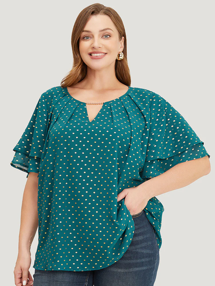 Polka Dot Glitter Tiered Sleeve Pleated Keyhole Chain Neck Blouse - Image 4