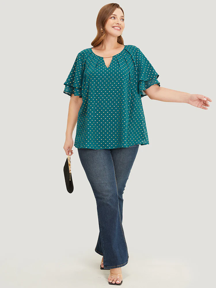 Polka Dot Glitter Tiered Sleeve Pleated Keyhole Chain Neck Blouse - Image 5