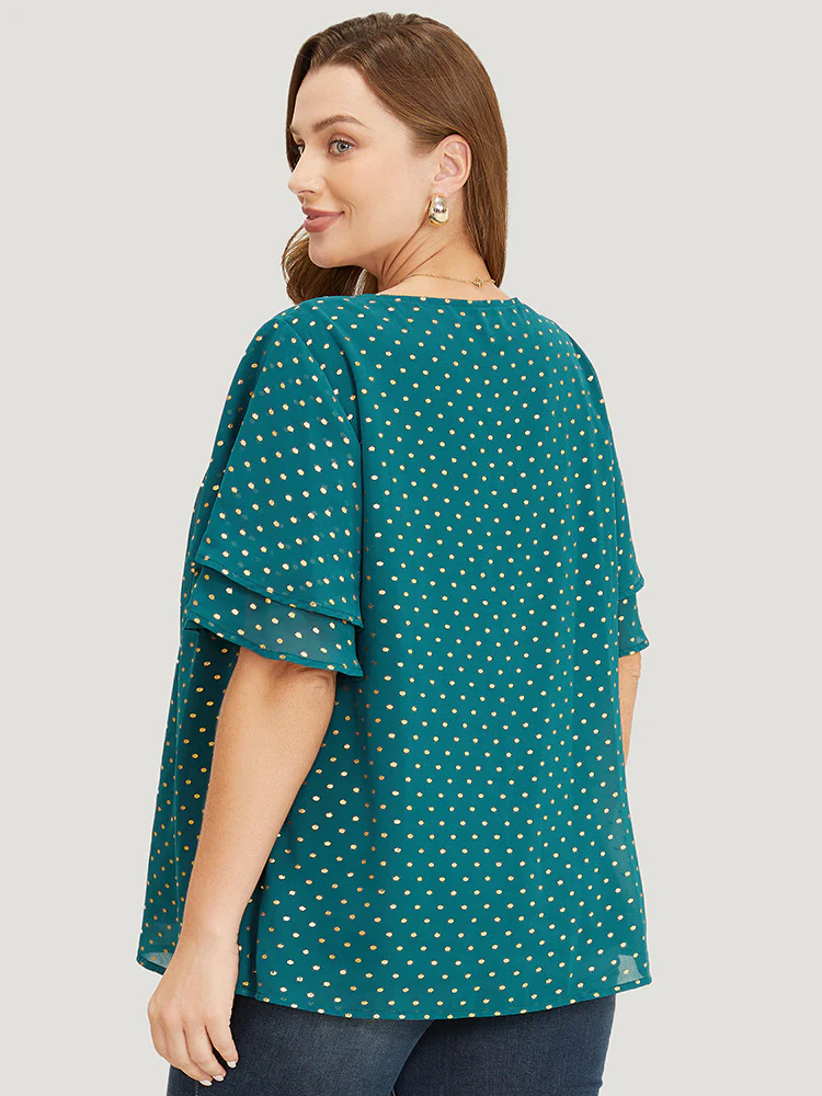 Polka Dot Glitter Tiered Sleeve Pleated Keyhole Chain Neck Blouse - Image 6