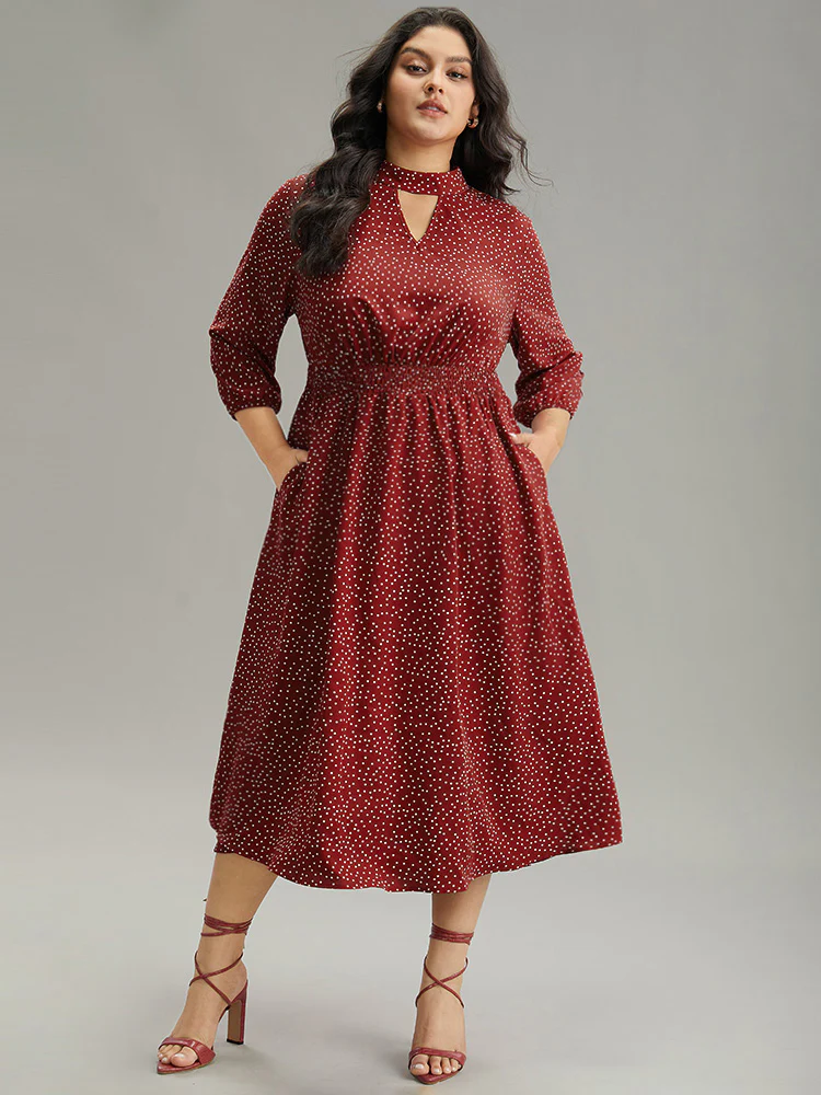 Polka Dot Keyhole Pocket Mock Neck Dress