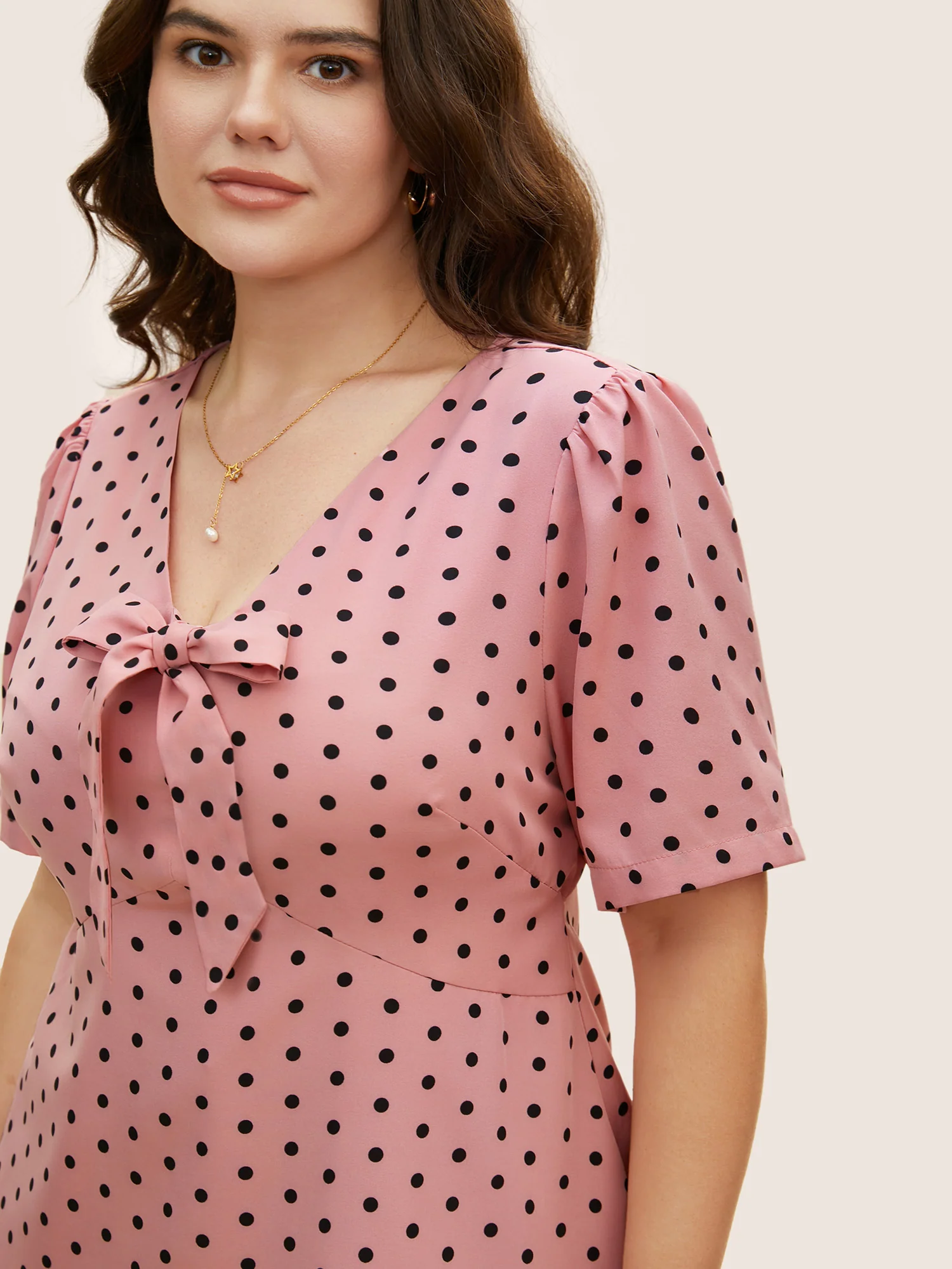 Polka Dot Ribbon Tied Collar Blouse - Image 3