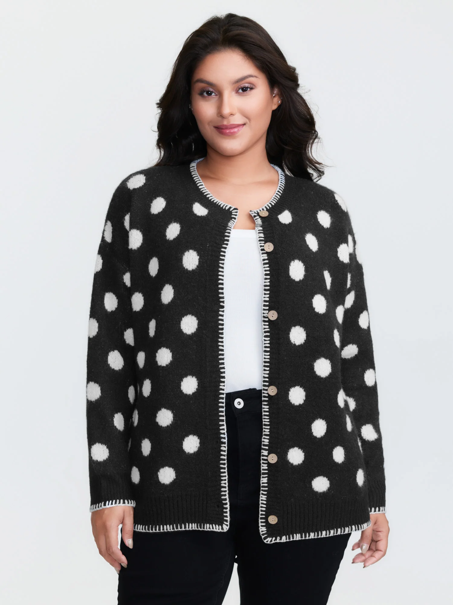 Polka Dots Jacquard Buttons Knit Cardigan - Image 14