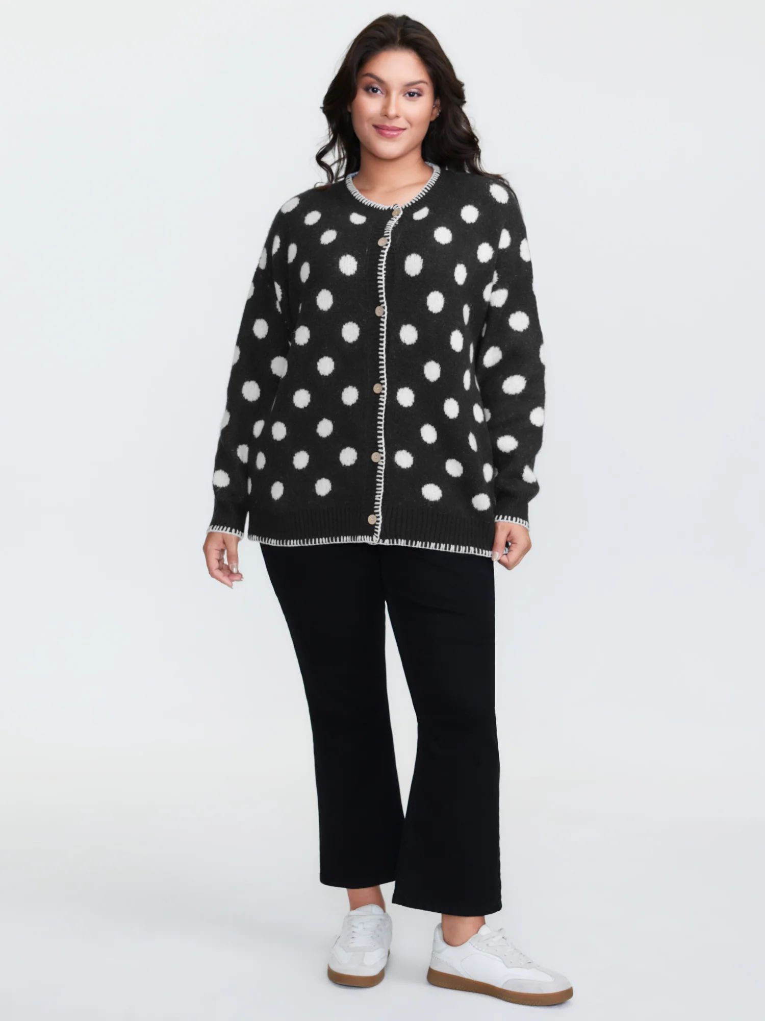 Polka Dots Jacquard Buttons Knit Cardigan - Image 16