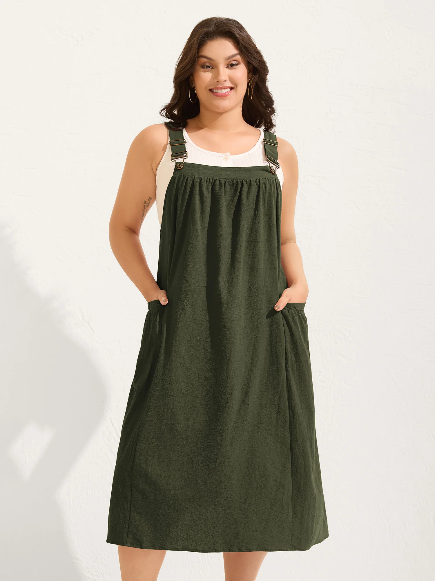 Pure Cotton Pleated Pockets Midi Dress - Image 25