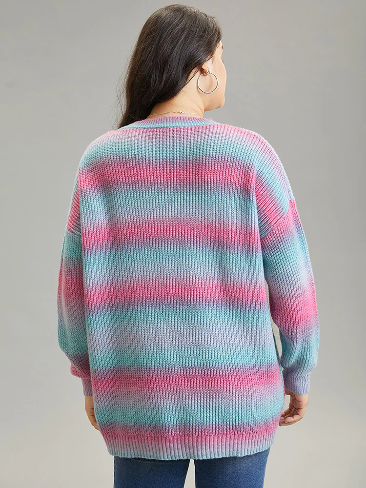Rainbow Ombre V Neck Loose Pullover - Image 14