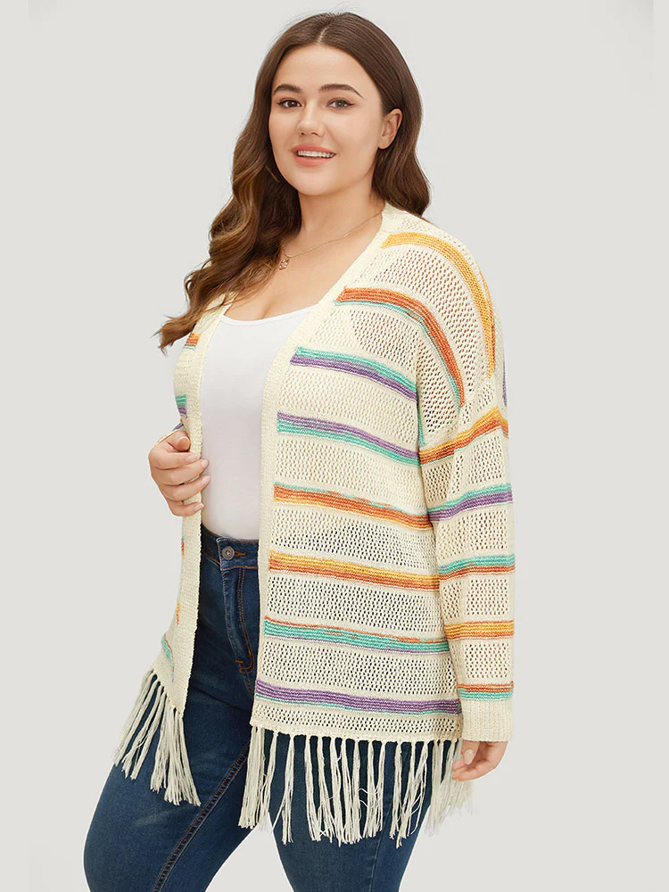 Rainbow Striped Fringe Trim Open Front Cardigan - Image 5