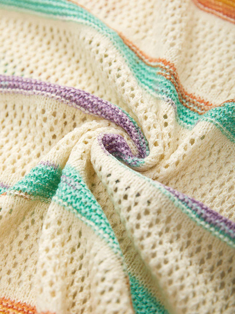 Rainbow Striped Fringe Trim Open Front Cardigan - Image 7