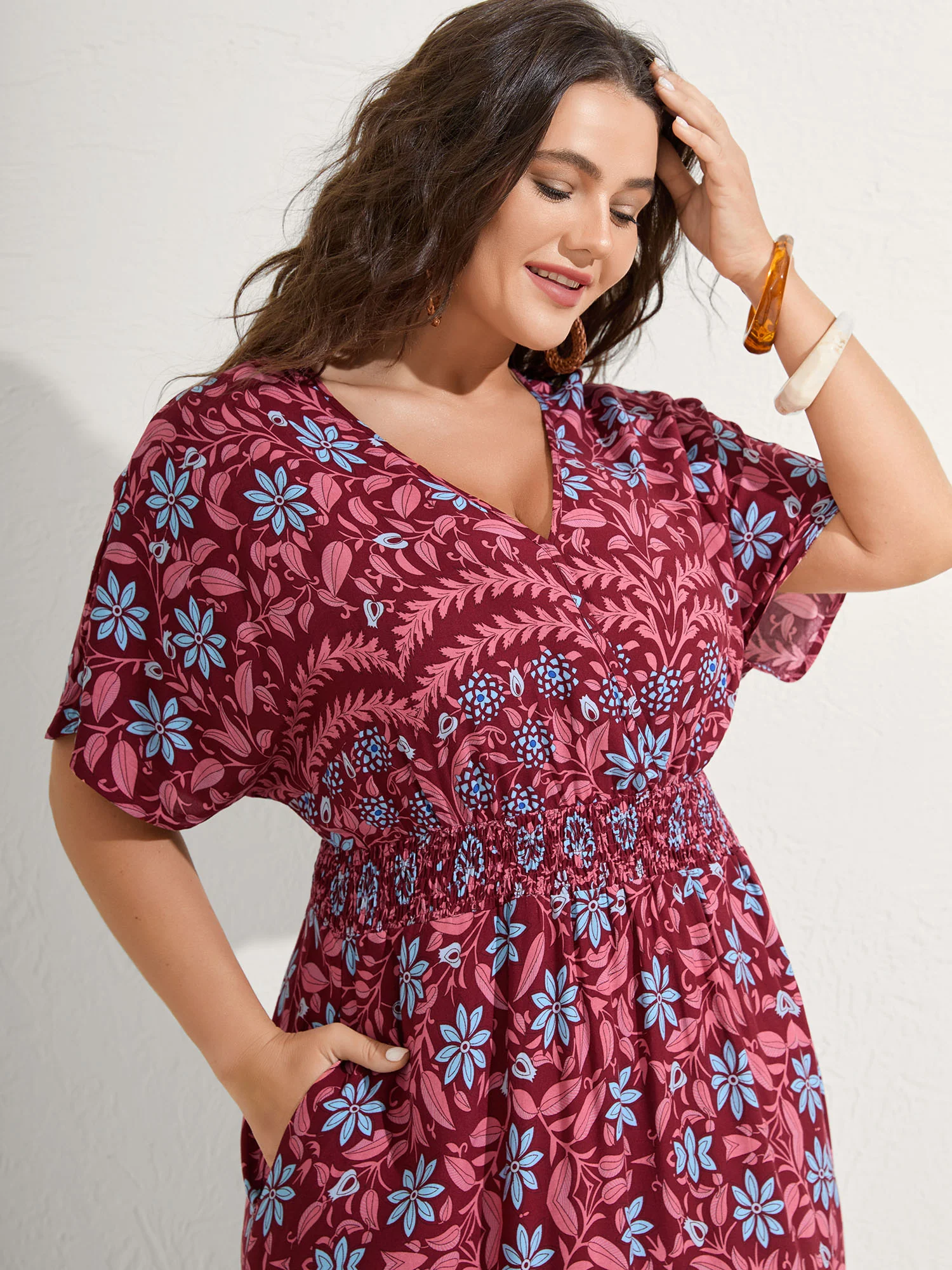 Rayon Boho Floral Shirred Waist Midi Dress - Image 2