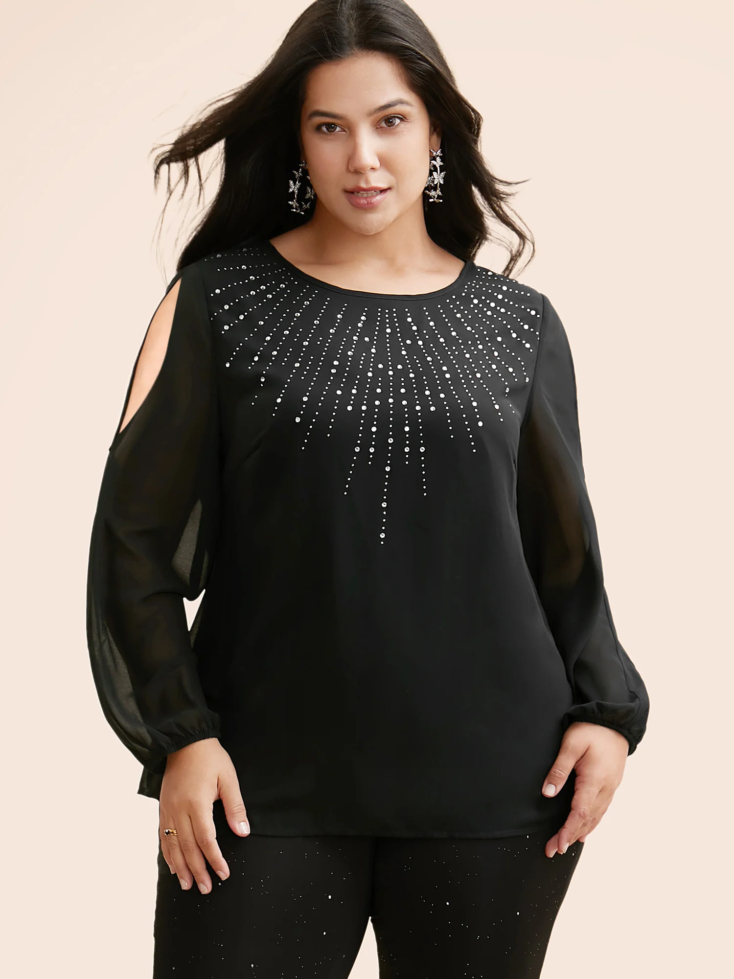 Rhinestone Cut Out Lantern Sleeve Blouse