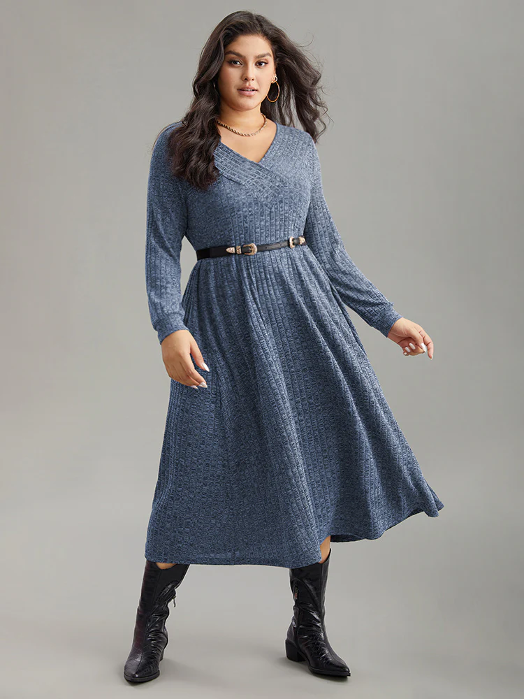 Rib Knit Plain Plisse Long Sleeve Dress - Image 12