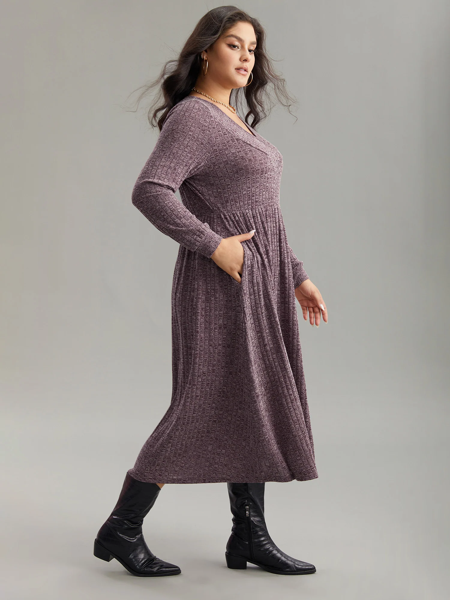 Rib Knit Plain Plisse Long Sleeve Dress - Image 18