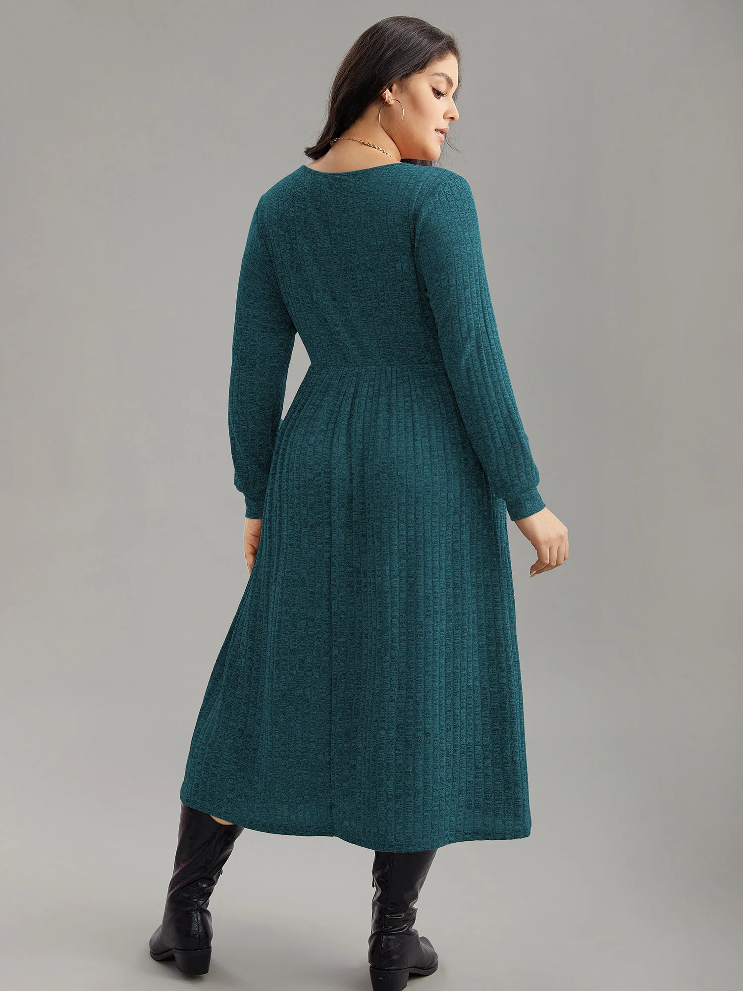 Rib Knit Plain Plisse Long Sleeve Dress - Image 2