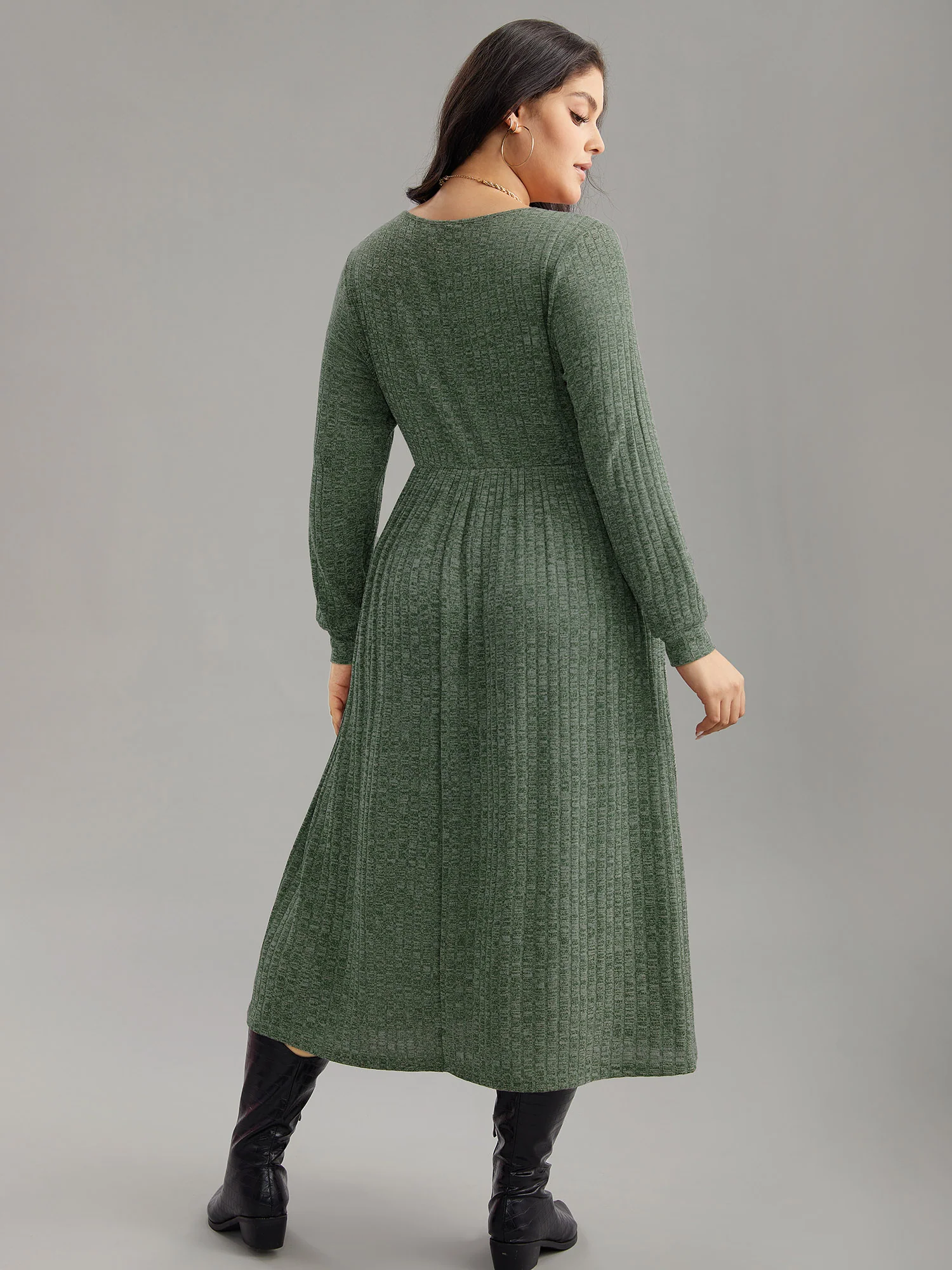 Rib Knit Plain Plisse Long Sleeve Dress - Image 22