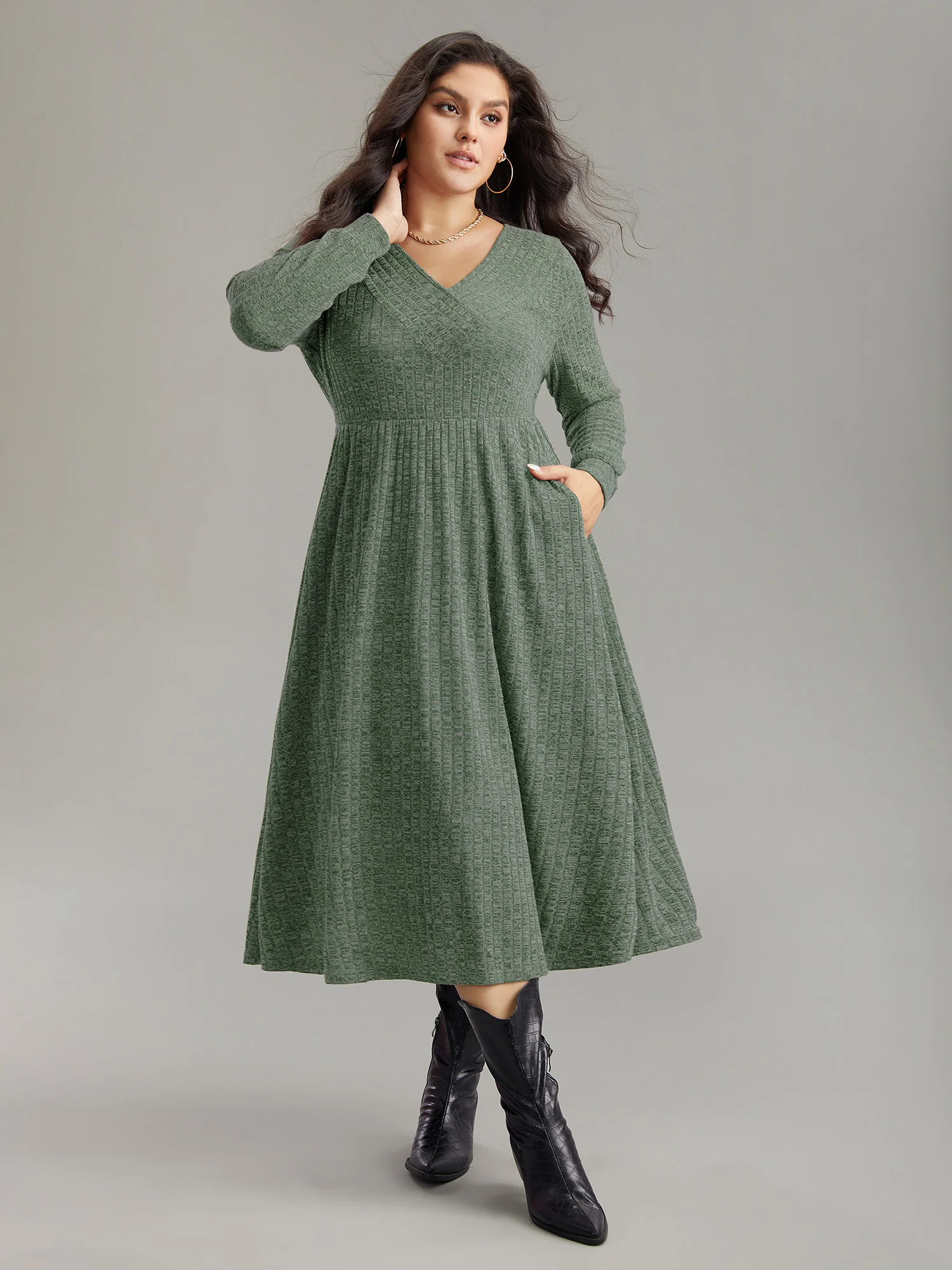 Rib Knit Plain Plisse Long Sleeve Dress - Image 25