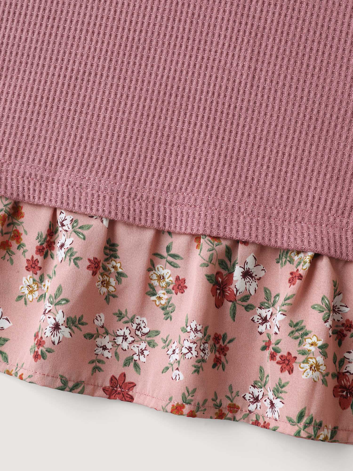 Ribbed Floral Patchwork Ruffled Sleeve T-Shirt - Image 6