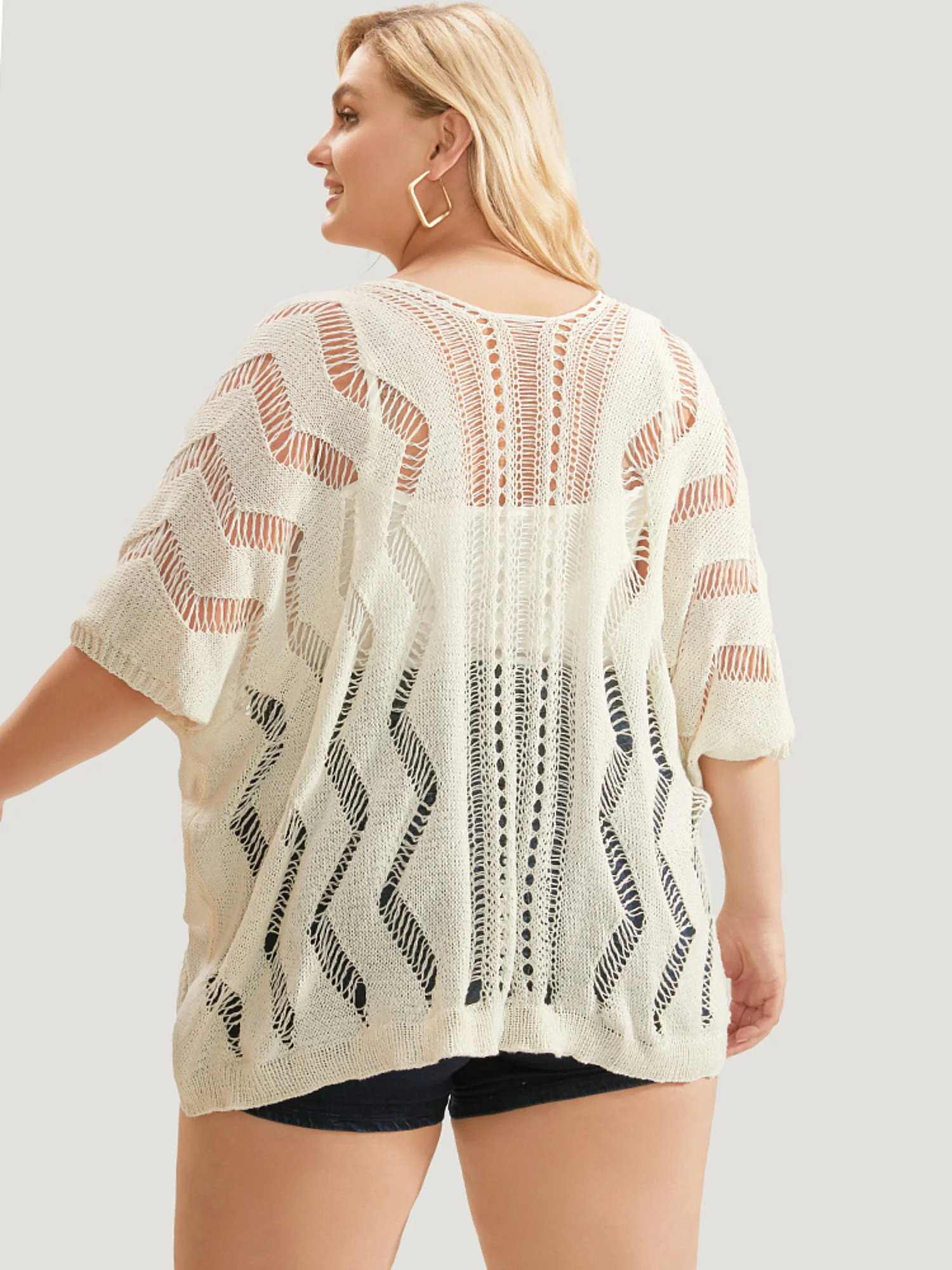 Ripple Print Hollow Out V Neck Eyelet Knit Top - Image 5