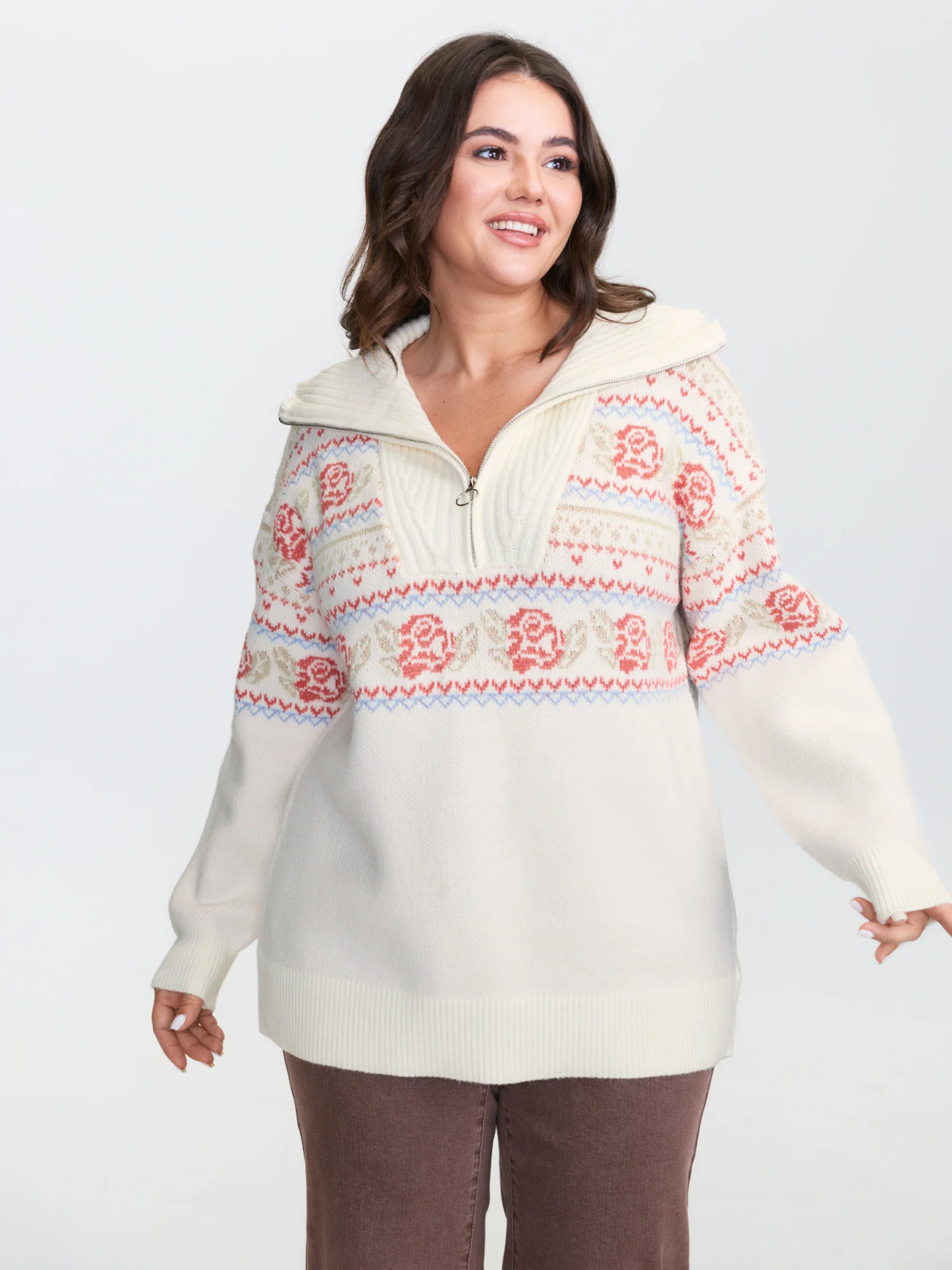 Rose Fair-Isle Pattern Jacquard Zipper Pullover