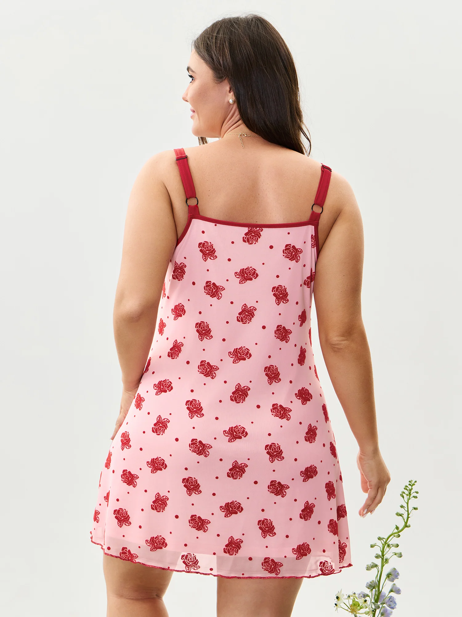 Rose Pattern Color Contrast Flocked Sleep Dress - Image 4