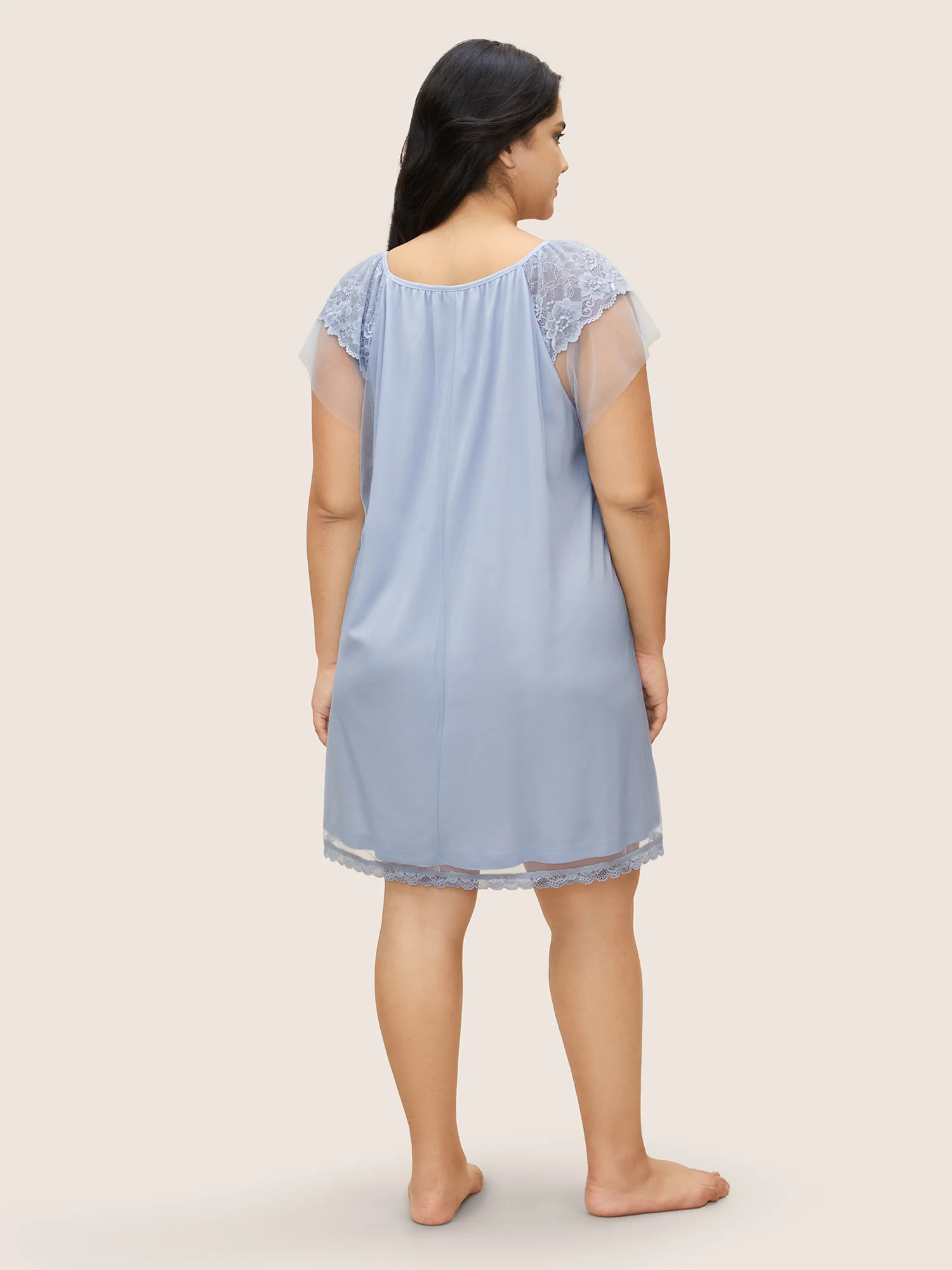 Round Neck Crochet Lace Mesh Gathered Sleep Dress - Image 3